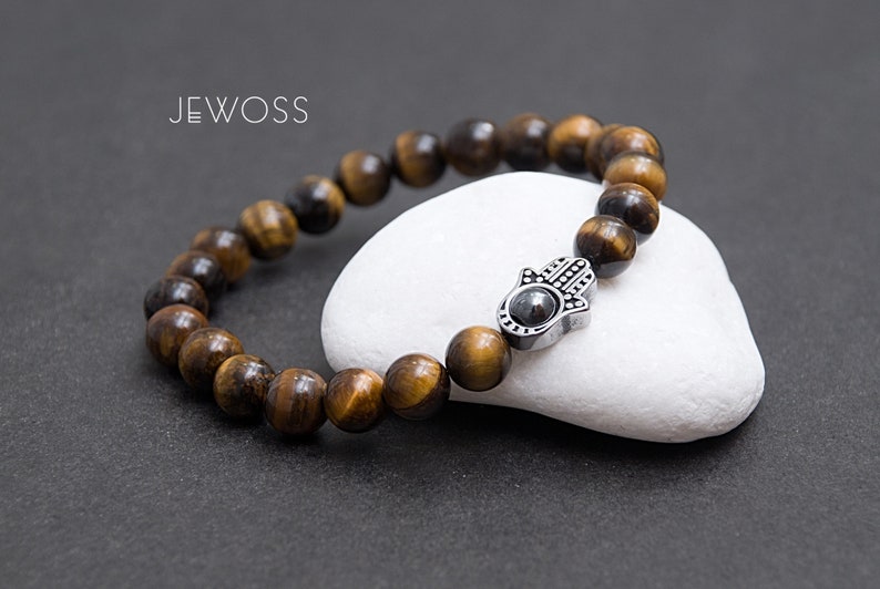 Tiger Eye stone bracelet with Hamsa Fatima hand jewelry gift for women Protection and Good luck amulet 8mm Yoga gift