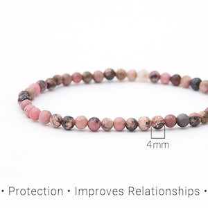 Tiny Rhodonite bracelet, Pink minimalist stack elastic jewelry, Emotional healer, Protection energy, Minimalist dainty bracelet / 3-4mm