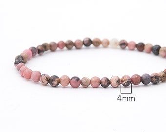 Tiny Rhodonite bracelet with Emotional balancing, Protection energy. Pink minimalist stack elastic jewelry / 3-4mm