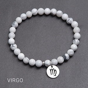 Virgo zodiac Howlite bracelet gift for men or women, Horoscope jewelry for Birthday, Zodiac symbols gift.   / 6mm