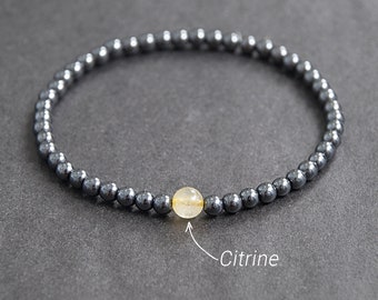 Tiny Hematite and Citrine bracelet with Abundance and  Success energy. Stone jewelry gift / 4mm