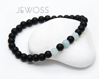 Aquamarine & Matte Onyx Bracelet: Protection, Happiness jewelry gift for a Pisces' birthday (6mm)