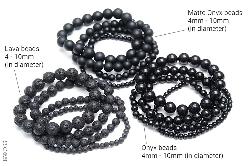 May include: Three sets of black beads, each with different textures. The first set is smooth and matte, the second is rough and textured, and the third is smooth and shiny. Each set is labeled with the type of bead and the size range in millimeters.