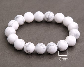 Howlite Beaded Bracelet, White Grey Gemstone Bracelet / 10mm