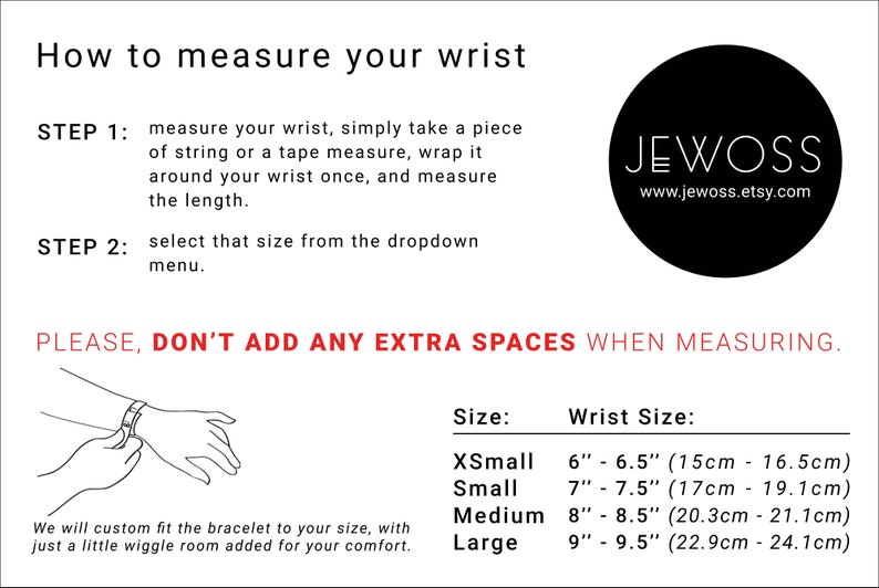 May include: Diagram showing how to measure your wrist for a bracelet.  Instructions include wrapping a piece of string or tape measure around your wrist and selecting the corresponding size from a dropdown menu.  The image also shows a size chart with wrist sizes in inches and centimeters.