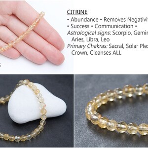May include: A citrine beaded bracelet with a golden-yellow hue. The image includes text describing the properties of citrine, including abundance and optimism. The bracelet is displayed on a white surface and in a hand.