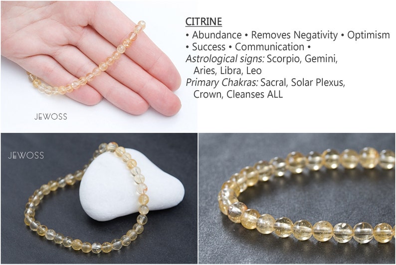 May include: A citrine beaded bracelet with a golden-yellow hue. The image includes text describing the properties of citrine, including abundance and optimism. The bracelet is displayed on a white surface and in a hand.