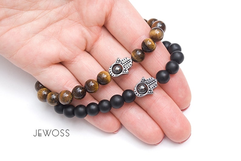 Tiger Eye stone bracelet with Hamsa Fatima hand jewelry gift for women Protection and Good luck amulet 8mm Yoga gift