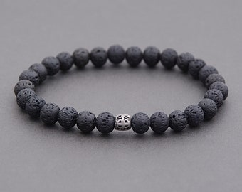 Mens Volcanic Lava Beaded Bracelet with Stainless Steel Charm, Norse minimalist jewelry Nordic protection bracelet Pagan bracelet / 6mm