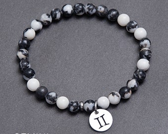 Gemini zodiac sign bracelet made of Zebra Agate. Birthstone personalized jewelry gift for her or him / 6mm