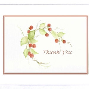 May include: A white card with a red border and a watercolor illustration of a green vine with red berries. The text "Thank You" is written in black cursive.