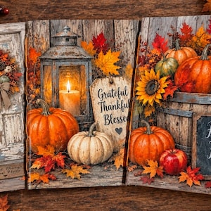 May include: A three-panel decorative wall art set featuring autumn scenes with pumpkins, sunflowers, and fall foliage. The panels display a rustic door with a wreath, a lantern with a lit candle, and a wooden barrel with the text Hello Fall.