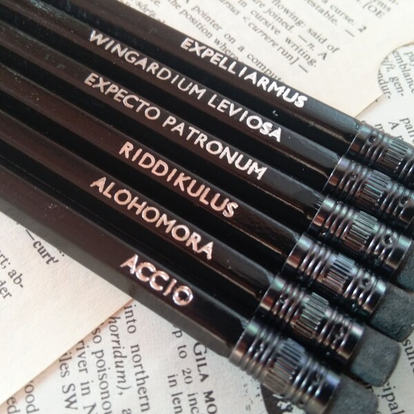 Harry Potter Wizarding Charms and Spells - Set of 6 hand stamped pencils