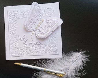 Sympathy, Condolence Card  Sensitive White on White. Spiritual 3D Butterfly, Pearls symbolizing tears.  FREE POSTAGE TO U.K.