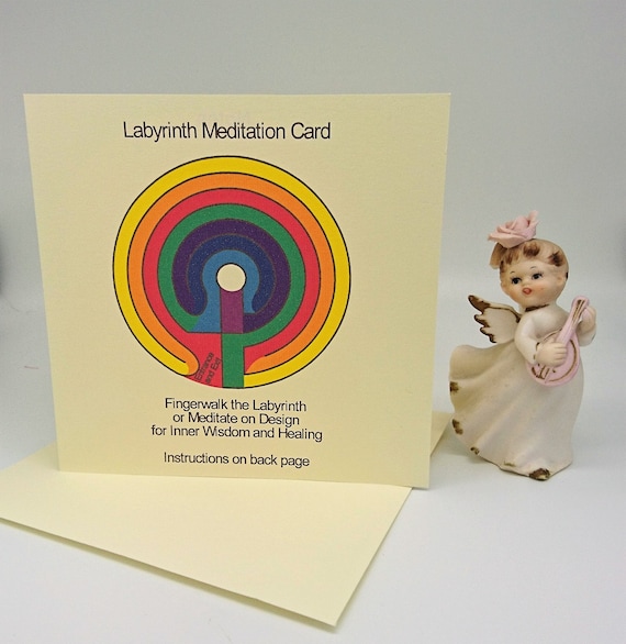 Labyrinth Meditation Card. A Finger Labyrinth, Rainbow Chakra Colours. Portable Oracle. Spiritual Card