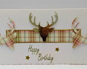 Tartan Stag Heads Birthday Card, Scottish Style with Gold Stars