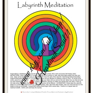 May include: A printable labyrinth meditation design with a rainbow coloured circular pattern. The design is titled "Labyrinth Meditation" and includes the website "www.etsy.com/uk" and "Heartand Soul11".