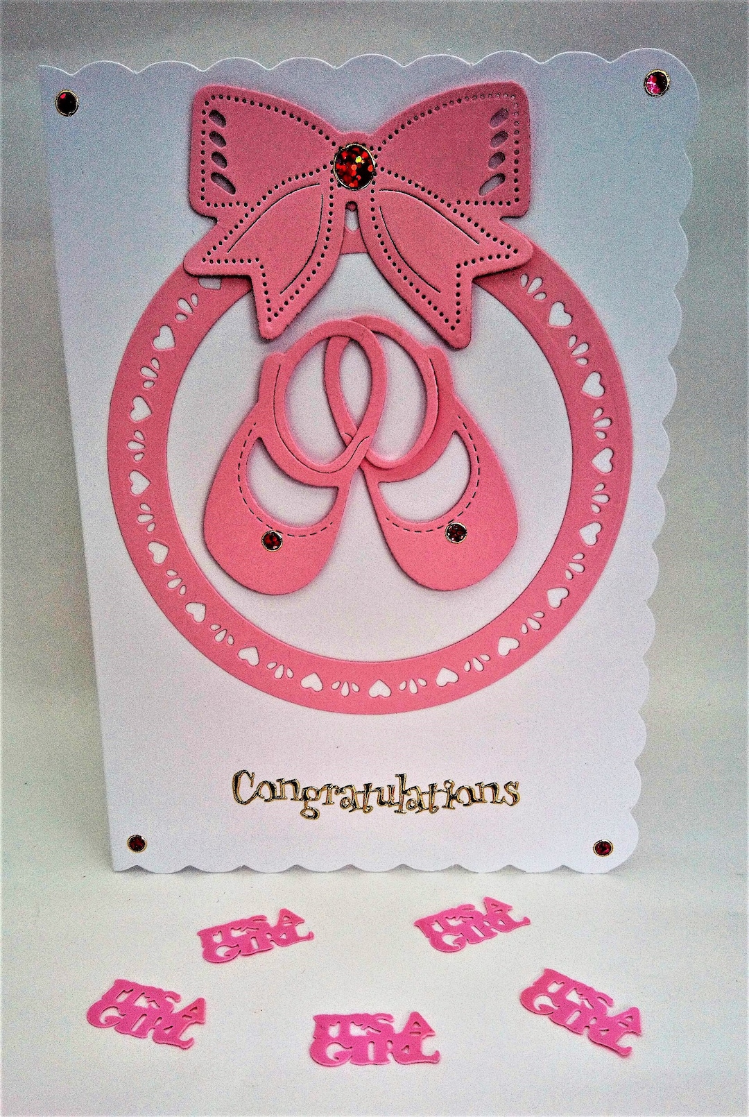 Newborn Baby Girl Card, Design Includes Pink Baby Shoes, Pink Bow, Pink