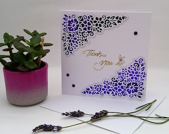Handmade Floral Cut Out Thank You Card – Purple & Gold Handmade in Argyll Scotland