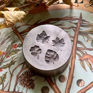 May include: A round, silver metal stamp with four leaf designs: two maple leaves, a clover, and a tropical leaf. The stamp is set against a botanical illustration background with dried leaves.