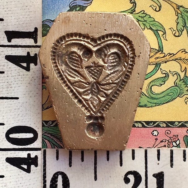 Vintage bronze impression die, heart shaped design with mirrored birds and flower M2212