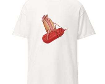 Yee-Hawt-Dawg — Cachorro-quente montado em uma garrafa de ketchup — Camiseta clássica unissex — 100% algodão