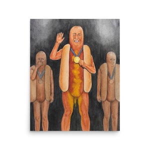 May include: A watercolor illustration featuring three anthropomorphic hot dog figures against a dark background. The central figure wears a gold medal and waves, while the two flanking figures wear bronze medals and appear somber.