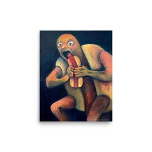 Dog Eat Dog : impression d'art de hot-dog inspiré de Goya – parodie de Saturne dévorant son fils, affiche de qualité musée