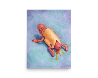 Può includere: Un'illustrazione stravagante di un personaggio di hot dog con un'espressione triste, su uno sfondo blu e verde. L'hot dog è in un panino, con braccia e gambe, e una fuoriuscita di ketchup e senape.