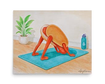 STAMPA SU CARTA: Cane a testa in giù (carino) — Arte con hot dog in posizione yoga — Stampa artistica opaca migliorata