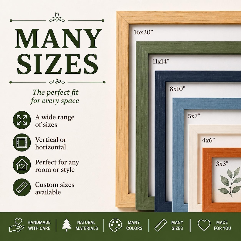 Collection of handcrafted solid wood picture frames in multiple sizes, including 3x3, 4x6, 5x7, 8x10, 11x14, and 16x20 inches. Display features natural wood, white, blue, navy, and green frames, highlighting a wide range of sizes for photos, artwork, prints, certificates, and home décor. Graphic emphasizes custom size options, vertical or horizontal display, premium natural materials, handmade craftsmanship, many colors, and the perfect frame for every room and interior style.