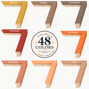 Color chart featuring solid wood picture frames available in 48 colors. Shown finishes include Mustard, Nutmeg, Coconut Shell, Red Tomato, Tart Orange, Terra Cotta, Peach, and Beige. Handmade wooden frames with a modern flat profile, smooth painted finish, and natural wood core. Available in multiple sizes and custom colors for photos, artwork, prints, canvas panels, certificates, and home decor. Made to order in the USA.