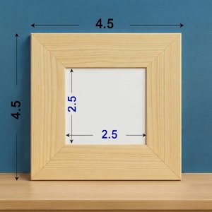 Unfinished pine wood display frame showing a 4.5 x 4.5 inch outer size with a 2.5 x 2.5 inch opening for artwork. Wide angled profile highlights the natural wood grain, making it suitable for miniature paintings, ceramic tiles, photos, resin art, quilt blocks, and handcrafted gifts. Ready for painting, staining, or sealing to match custom home decor and creative DIY projects.