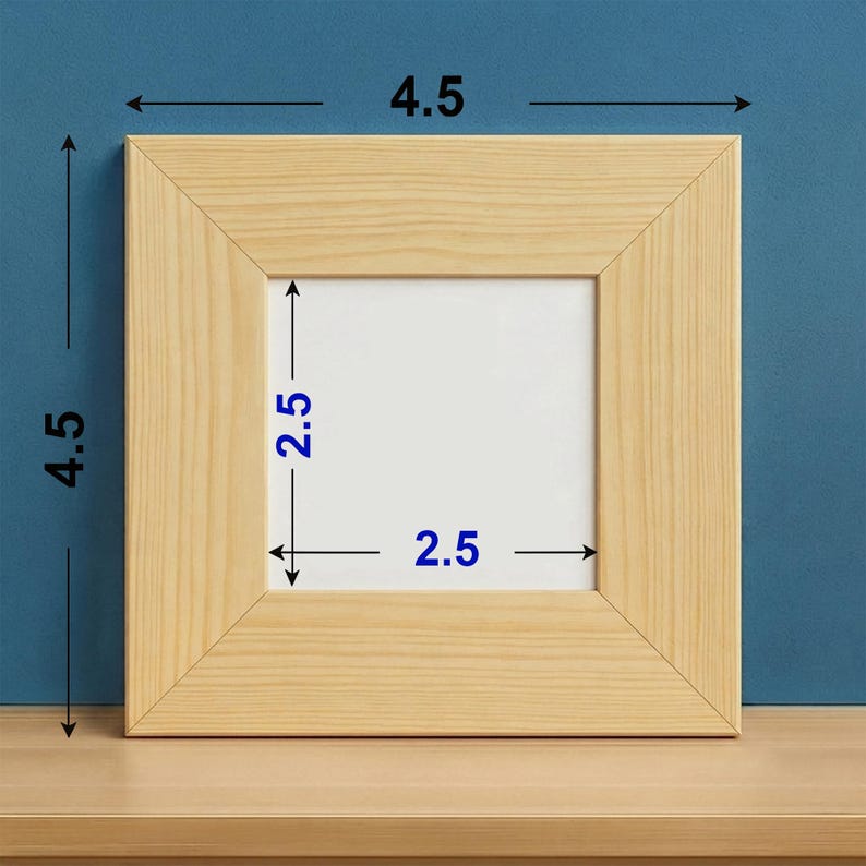 Unfinished pine wood display frame showing a 4.5 x 4.5 inch outer size with a 2.5 x 2.5 inch opening for artwork. Wide angled profile highlights the natural wood grain, making it suitable for miniature paintings, ceramic tiles, photos, resin art, quilt blocks, and handcrafted gifts. Ready for painting, staining, or sealing to match custom home decor and creative DIY projects.