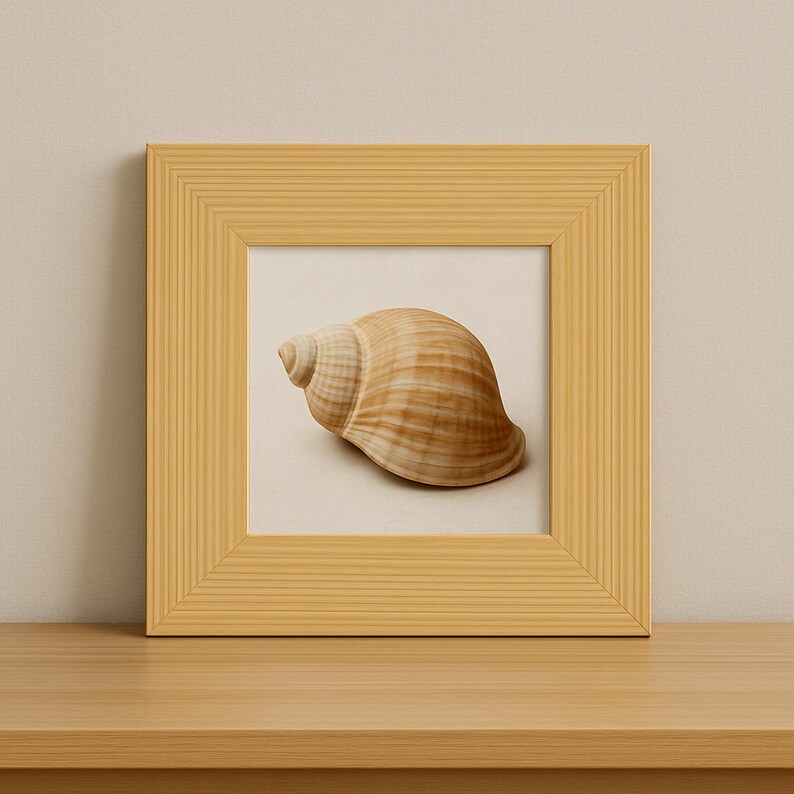 A high-quality, front-facing product photograph of a handmade 3x3 inch wood picture frame from New Jersey Frames, set on a wooden surface against a neutral, minimalist wall. The frame is crafted from solid pine with a clean, light natural wood finish. Inside the frame is a detailed, naturalistic illustration of a tan seashell, demonstrating how perfectly the frame displays artwork, nature prints, or special keepsakes in a cozy, elegant, and timeless style.