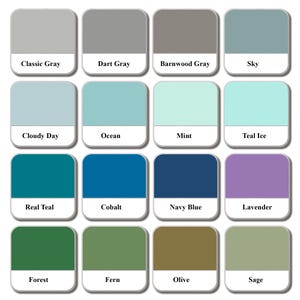 Blue, gray and green color options chart for handcrafted wooden picture frames. Available finishes include Classic Gray, Dart Gray, Barnwood Gray, Sky, Cloudy Day, Ocean, Mint, Teal Ice, Real Teal, Cobalt, Navy Blue, Lavender, Forest, Fern, Olive and Sage. Multiple paint color choices for custom small wood frames, ideal for coordinating with nursery decor, artwork, embroidery or personalized gift projects.