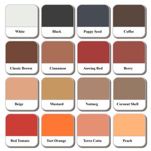 Color options chart for handcrafted wooden picture frames. Available finishes include White, Black, Poppy Seed, Coffee, Classic Brown, Cinnamon, Anwing Red, Berry, Beige, Mustard, Nutmeg, Coconut Shell, Red Tomato, Tart Orange, Terra Cotta and Peach. Multiple paint color choices for custom small wood frames, ideal for coordinating with home decor, nursery, artwork or personalized gift projects.