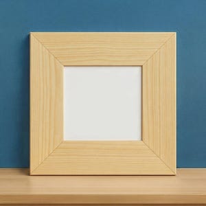 Unfinished pine wood shadow box style frame with a broad beveled profile and natural wood grain, displayed upright on a wooden shelf against a blue wall. Square handcrafted frame designed for miniature artwork, ceramic tiles, small canvas paintings, keepsakes, photos, and DIY craft displays. Paint or stain to match your decor, ideal for rustic, cabin, boho, coastal, and modern interiors.