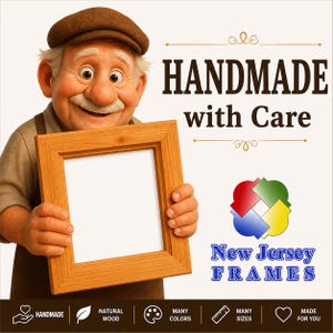 Smiling craftsman holding a handcrafted solid wood picture frame made from natural wood. Promotional image with the text "Handmade with Care" and the New Jersey Frames logo. Highlights handmade craftsmanship, premium wood, durable construction, many colors, and multiple frame sizes. Ideal for displaying photos, artwork, prints, certificates, and home décor. Quality wooden frame made with care for lasting beauty and everyday use.
