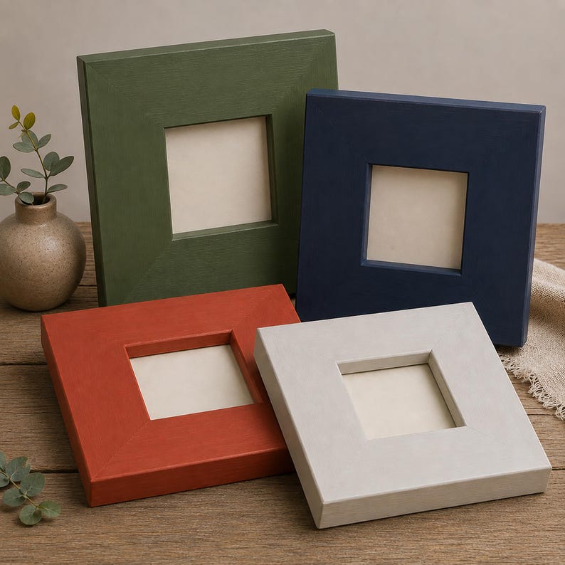 A selection of square handcrafted wooden picture frames arranged in olive green, deep navy, terracotta, and soft white finishes on a rustic tabletop. Each frame features a broad beveled profile, creating a clean gallery-style presentation for small artwork, family photos, decorative tiles, canvas pieces, or handmade keepsakes. Available in assorted colors and sizes to complement contemporary, rustic, cottage, and modern interiors.