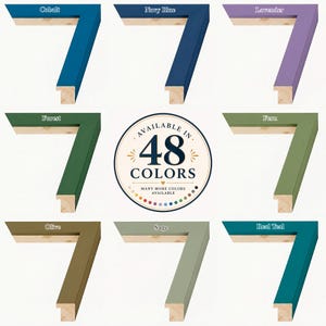 Color chart featuring solid wood picture frames available in 48 colors. Shown finishes include Cobalt, Navy Blue, Lavender, Forest, Fern, Olive, Sage, and Real Teal. Handmade wooden frames with a modern flat profile, smooth painted finish, and natural wood core. Available in multiple sizes and custom colors for photos, artwork, prints, canvas panels, certificates, and home decor. Made to order in the USA.