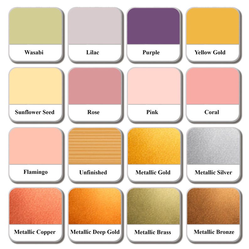 Additional color and finish options for handcrafted wooden picture frames. Available choices include Wasabi, Lilac, Purple, Yellow Gold, Sunflower Seed, Rose, Pink, Coral, Flamingo, Unfinished natural wood, Metallic Gold, Metallic Silver, Metallic Copper, Metallic Deep Gold, Metallic Brass and Metallic Bronze. Multiple custom paint and metallic finishes for small wood frames, ideal for coordinating with home decor, nursery, artwork or personalized gift projects.