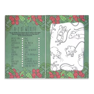May include: A black and white illustration of a page from a children's book. The page features a checklist of 26 animals, including a badger, deer, fox, and hedgehog. The checklist is titled "A-Z of Wildlife". The page also features a black and white illustration of a mouse.