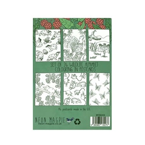 May include: A set of 26 black and white postcards featuring the alphabet illustrated with different animals. The postcards are designed for coloring. The back of the cards features a green background with the text "Set of 26 Wildlife Alphabet Coloring in Postcards" and "A6 postcards made in the UK."