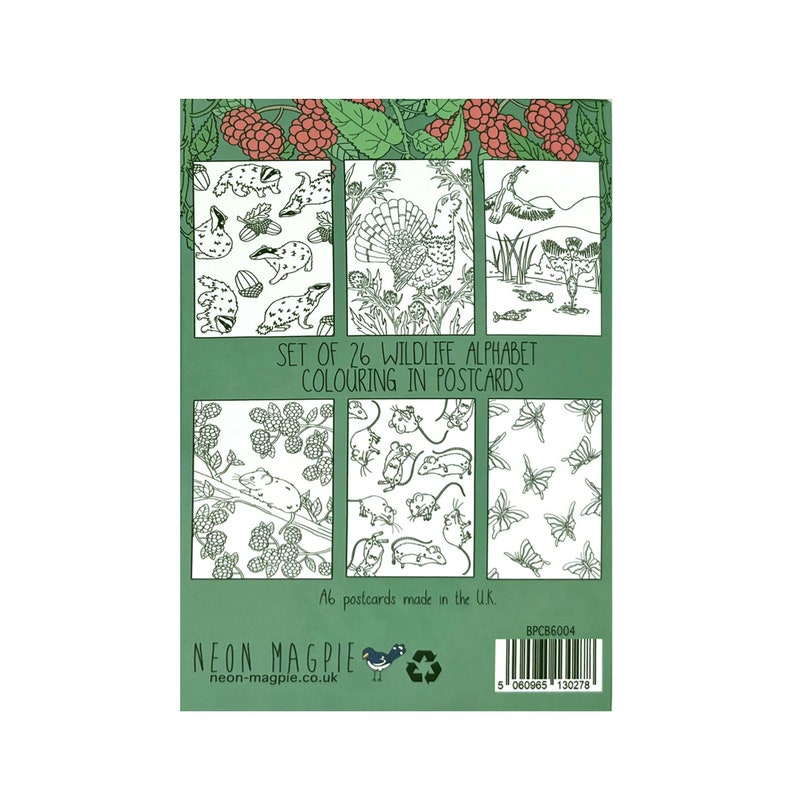 May include: A set of 26 black and white postcards featuring the alphabet illustrated with different animals. The postcards are designed for coloring. The back of the cards features a green background with the text "Set of 26 Wildlife Alphabet Coloring in Postcards" and "A6 postcards made in the UK."