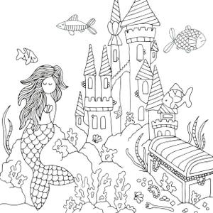 May include: A black and white line drawing of a mermaid sitting on a rock near a castle with a treasure chest. The mermaid has long flowing hair and a tail. The castle has towers and windows. The treasure chest is open and has jewels inside.