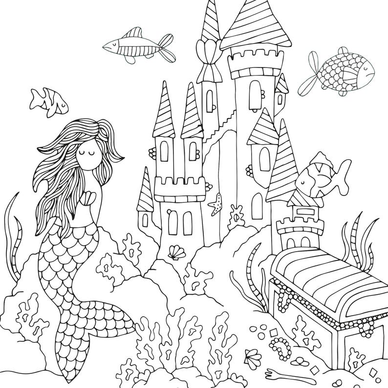 May include: A black and white line drawing of a mermaid sitting on a rock near a castle with a treasure chest. The mermaid has long flowing hair and a tail. The castle has towers and windows. The treasure chest is open and has jewels inside.