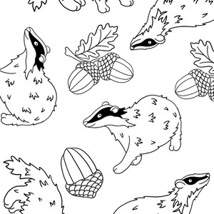May include: Black and white line drawing illustration of a repeating pattern of badgers and acorns. The badgers are in various poses, some are walking, some are curled up, and some are standing on their hind legs. The acorns are scattered throughout the pattern.