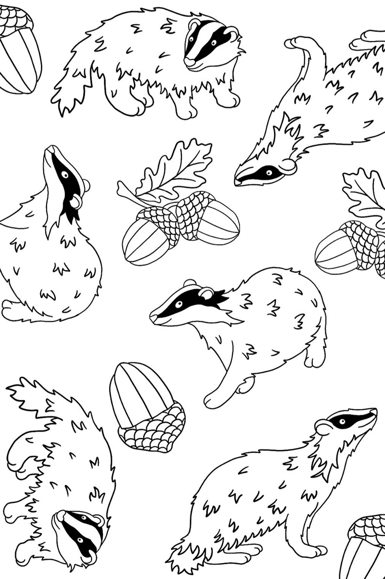 May include: Black and white line drawing illustration of a repeating pattern of badgers and acorns. The badgers are in various poses, some are walking, some are curled up, and some are standing on their hind legs. The acorns are scattered throughout the pattern.