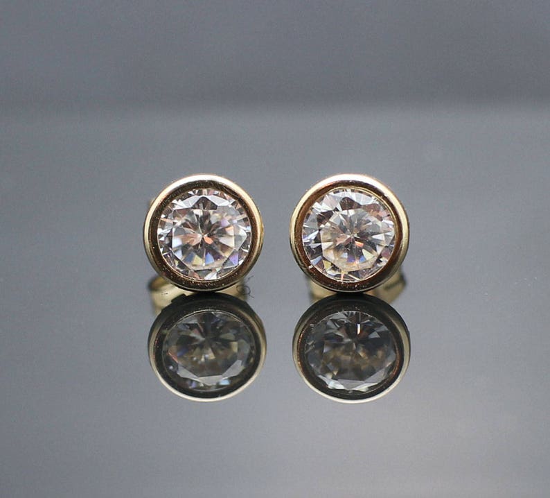 14K Yellow Gold 5.6mm Bezel cz Lab Created Diamond Earrings